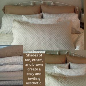 Arrangement of vibrant pillowcases in shades in creams and tans.